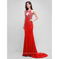 Formal Evening Dress Trumpet Mermaid Halter Sweep Brush Train Jersey with Beading